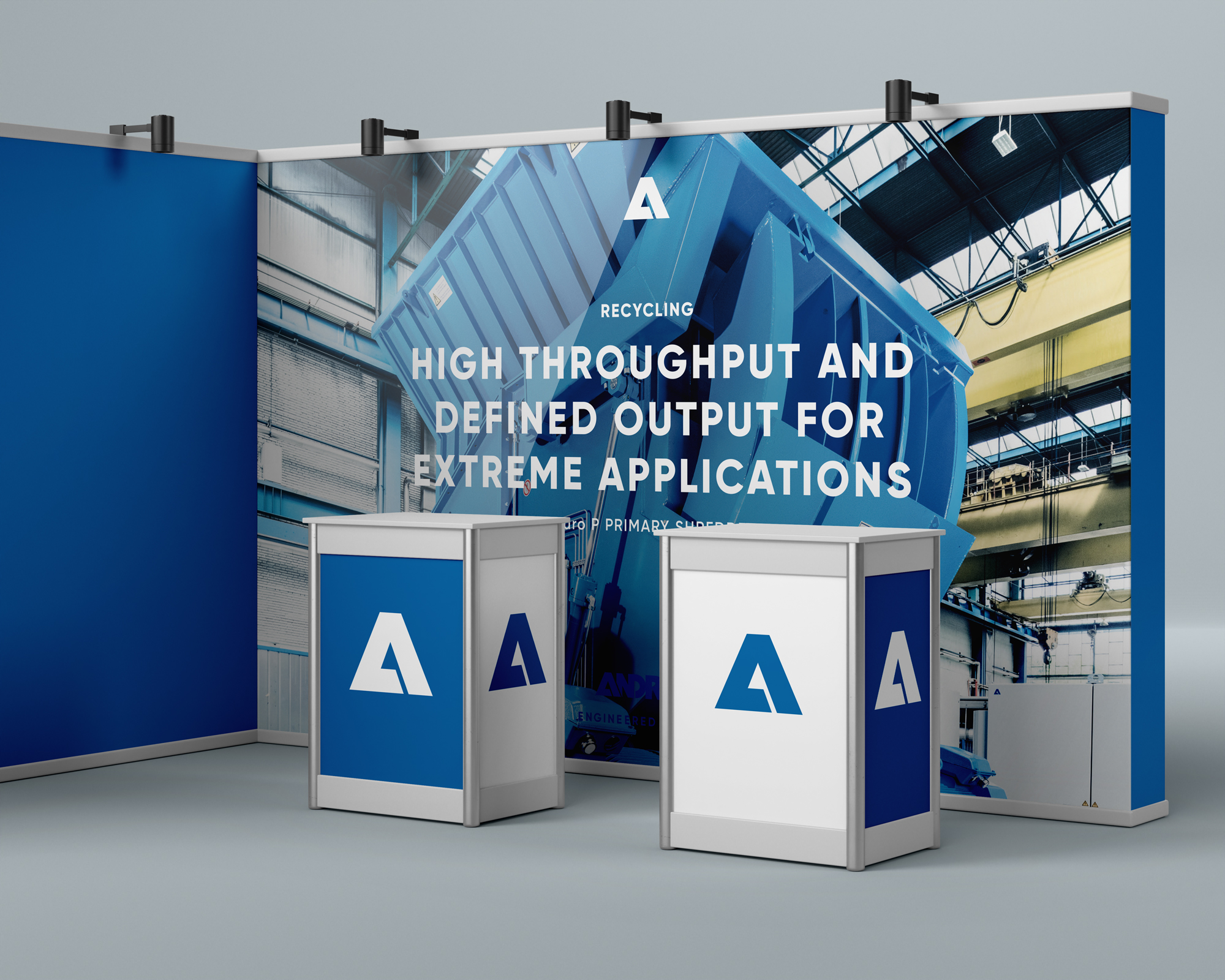 Ein Stand mit blauem Hintergrund und blauem Banner, gesponsert von der Andritz AG.