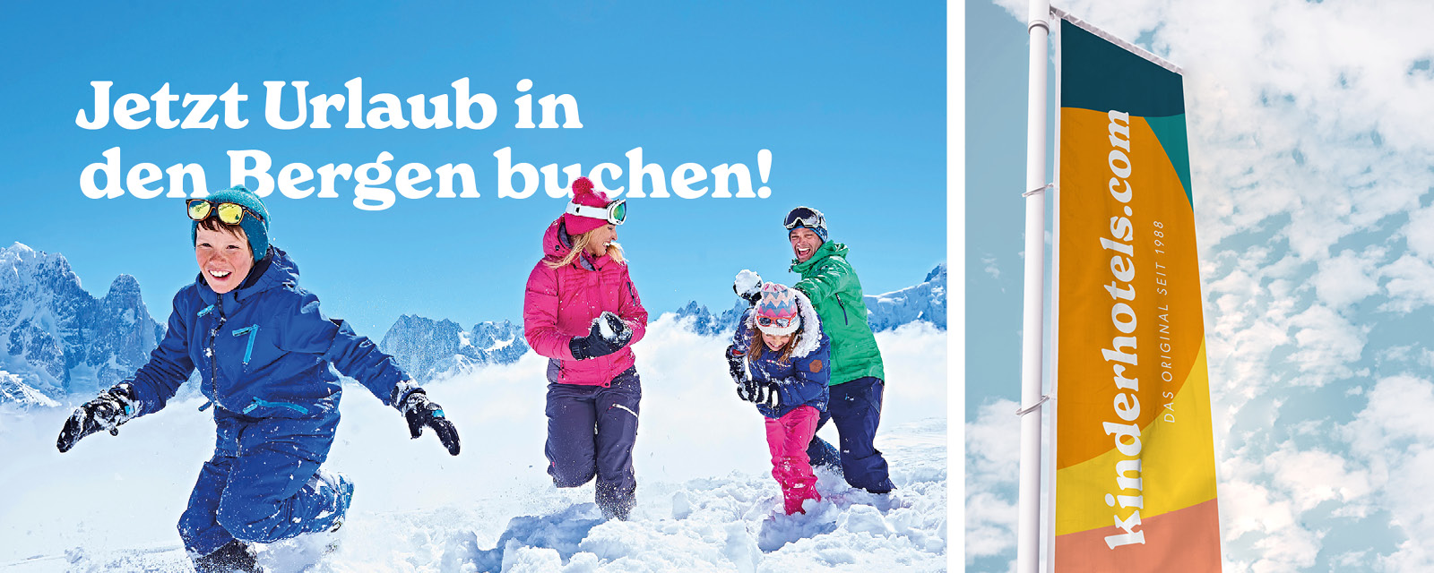 Ein Banner, das für ein Kinderhotels-Skigebiet in Bergen Buch wirbt.