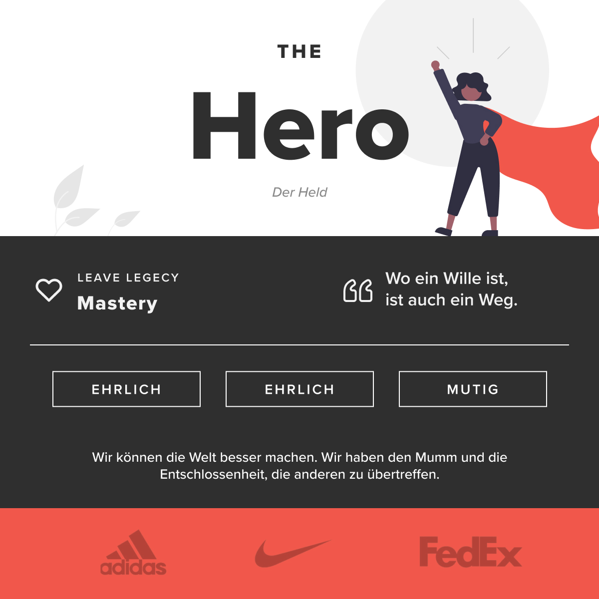 The hero landing page with an image of a woman wearing a cape.
