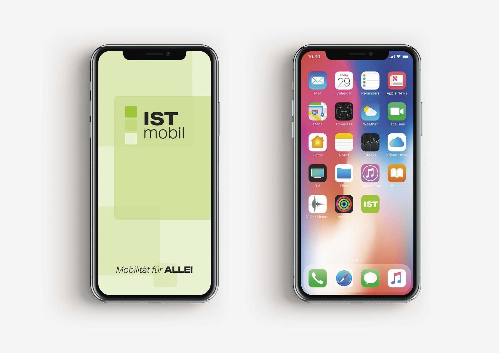 Two ISTmobil iphone x mockups on a white background.