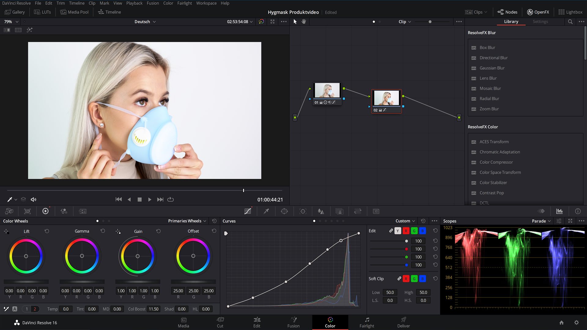 A screen shot of a video editor with a woman wearing a Hygmask.
