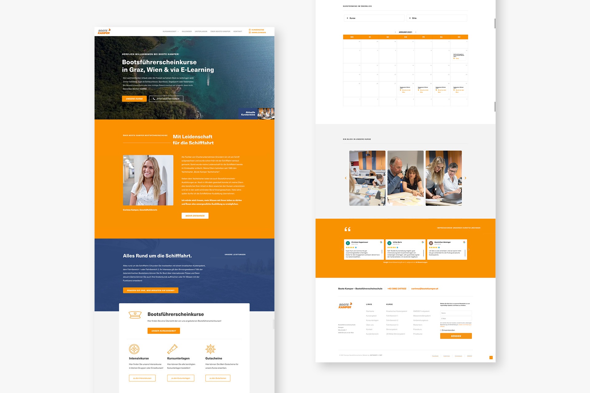 Eine Website mit einem orange-weißen Farbschema vor einem makellos weißen Hintergrund.