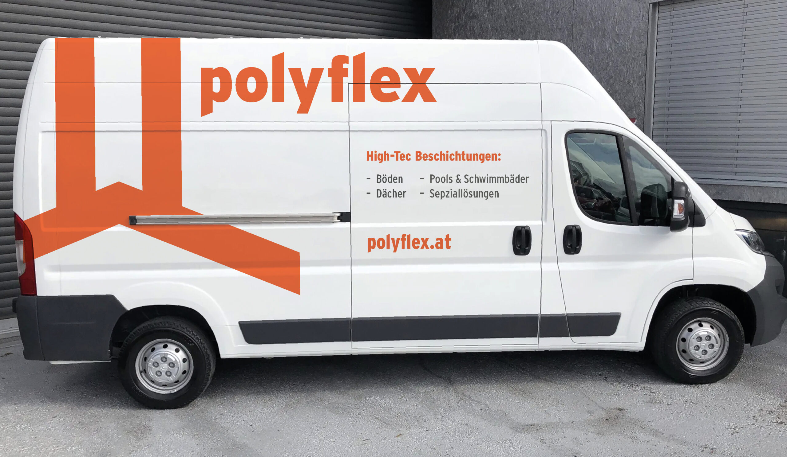 A van featuring the word Polyflex prominently on its surface.