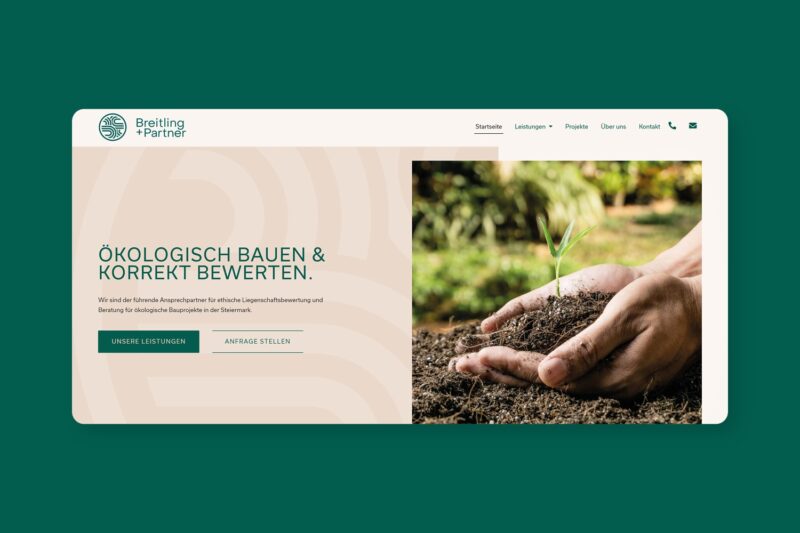 Ein Website-Design mit einer Hand, die eine Pflanze hält.