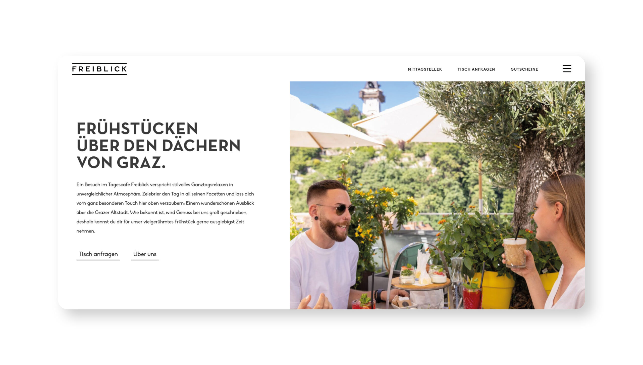 A website design for Freiblick Tagescafé featuring two people sitting at a table.
