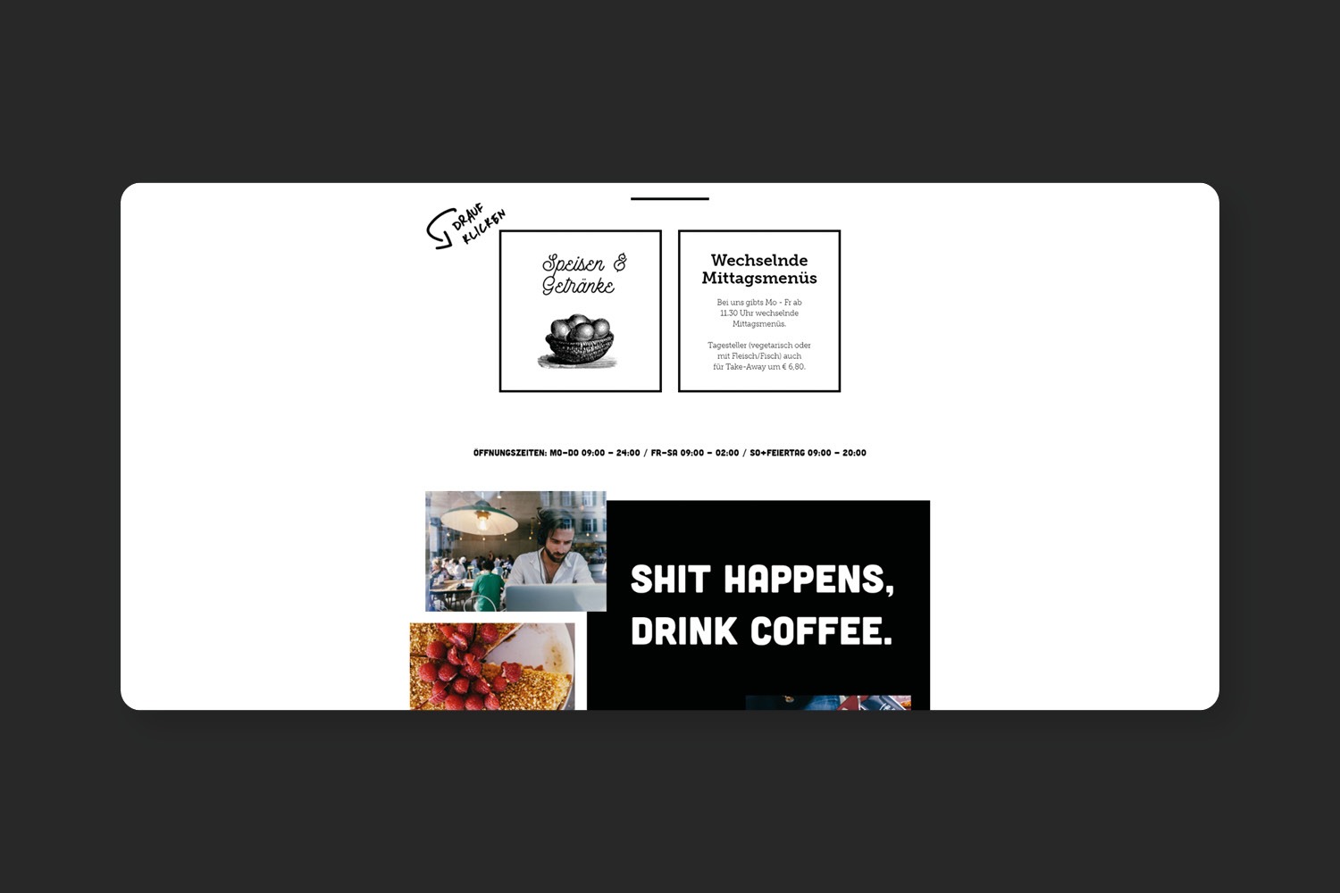 The homepage of Kunsthauscafé with a picture of a cup of coffee.