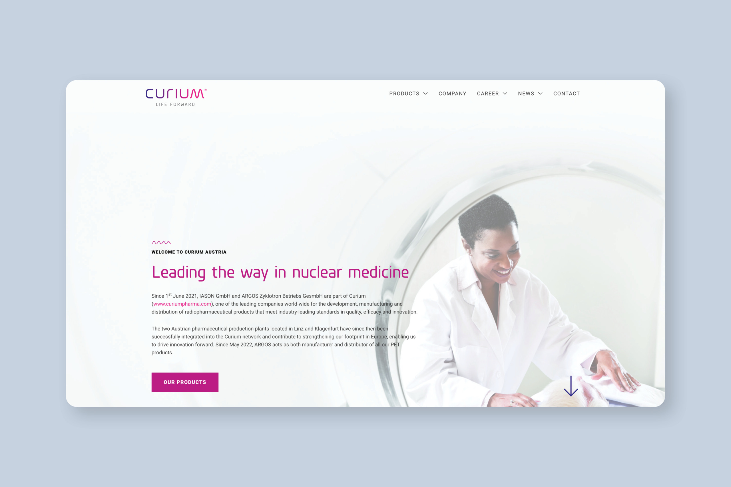 A website design for a woman in a white coat.