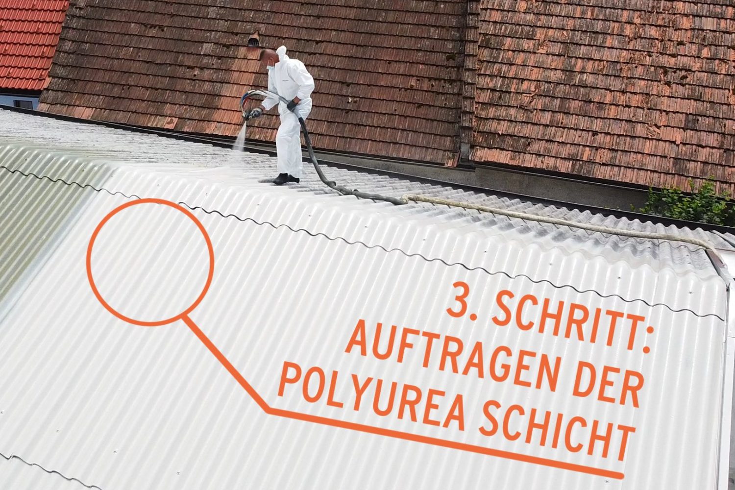 A man is painting a roof with Polyflex and polyurea.
