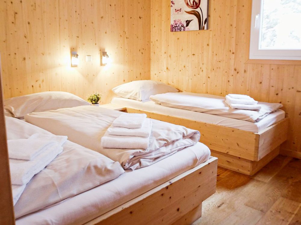 Two beds in a room at Alps Residence with wooden walls.