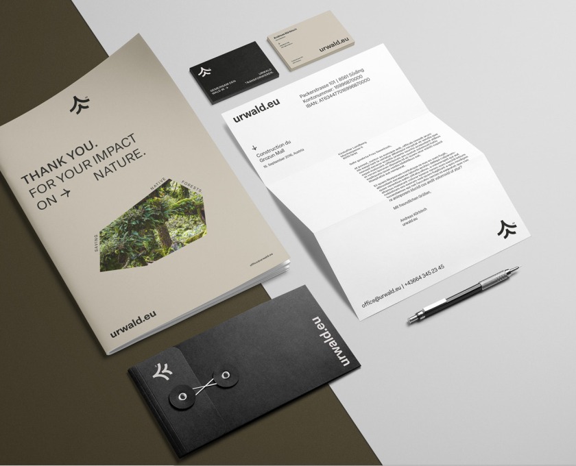A business card and letterhead set on a white background with urwald.eu branding.