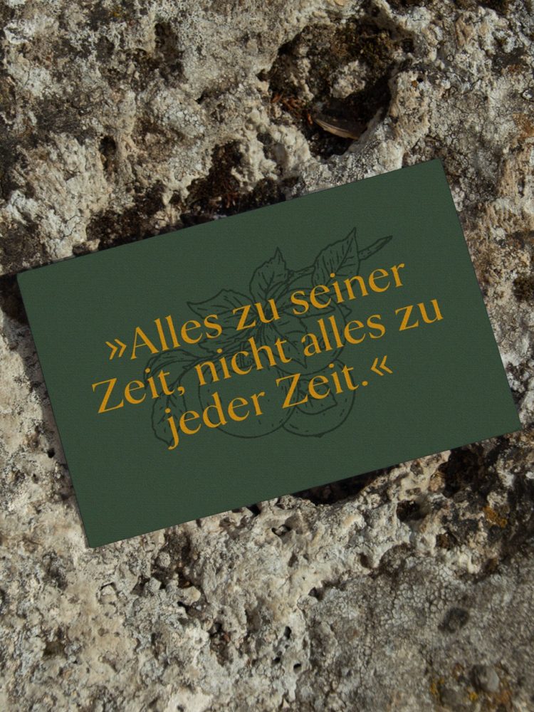A green card with a message on it sitting on a rock at Eggenhof.