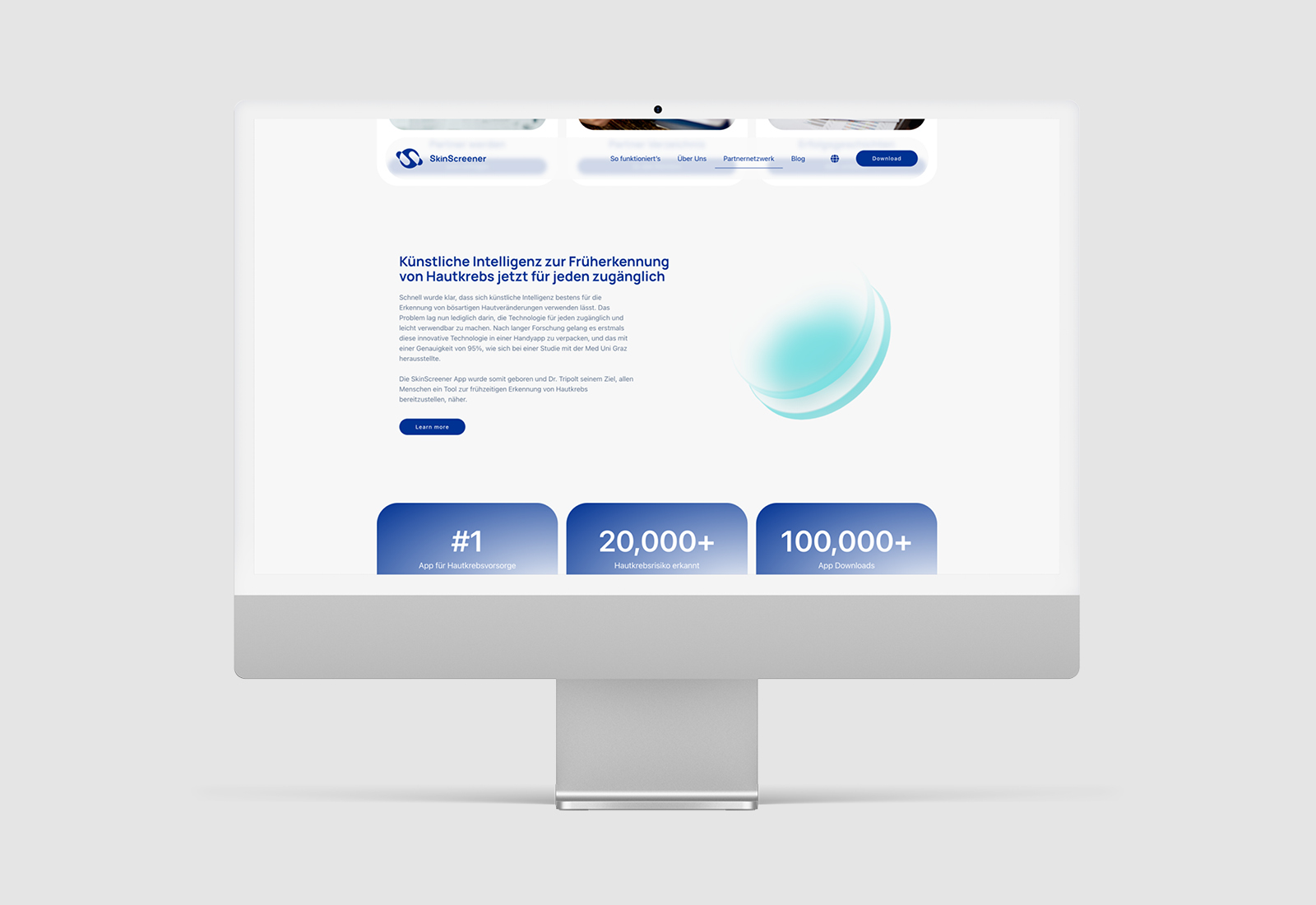 A computer screen displaying a blue and white SkinScreener website design.