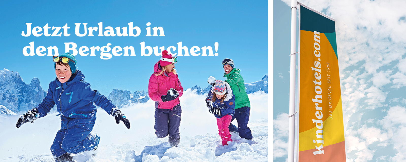 A banner advertising Kinderhotels, a ski resort in bergen buch.