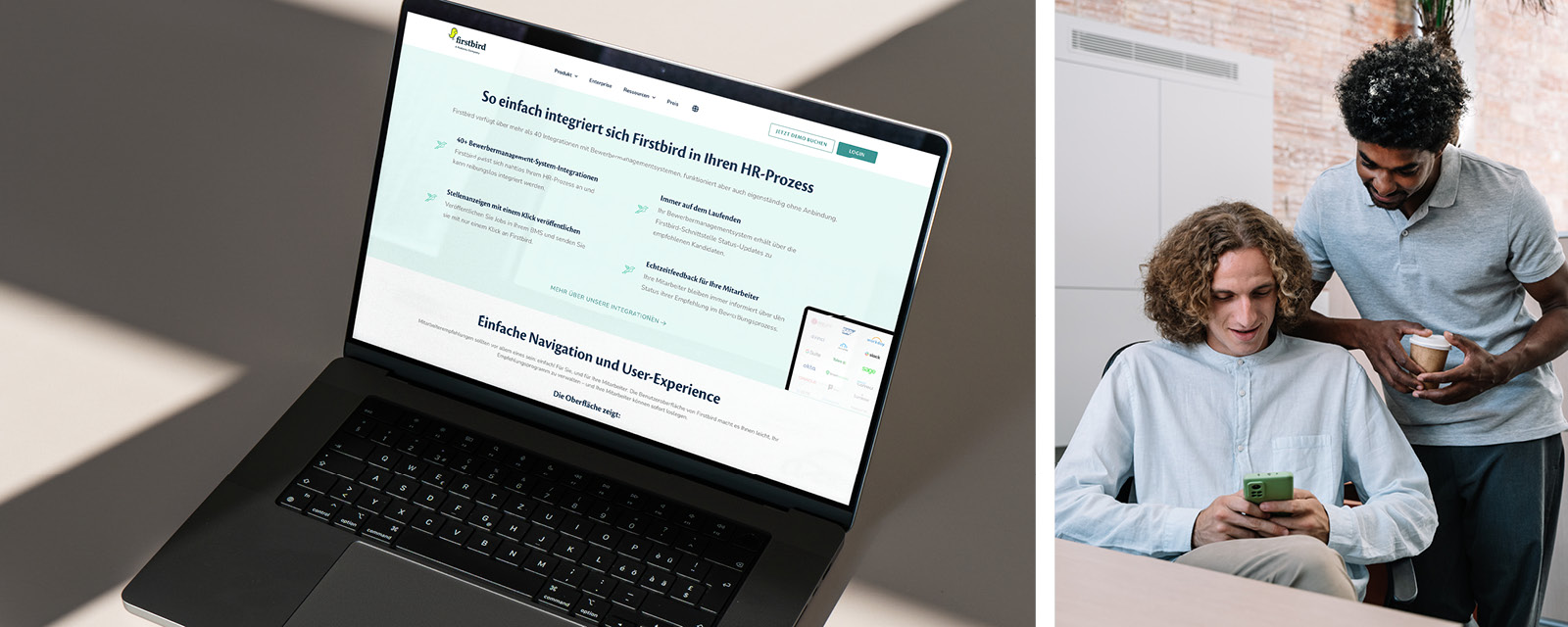 Bilder eines Laptop-Bildschirms mit einem Mann und einer Frau, die Firstbird präsentieren.