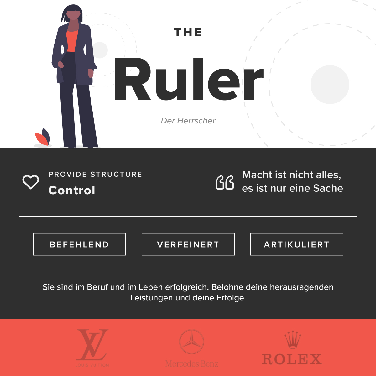 An image of a woman in a business suit with the words'the ruler'.
