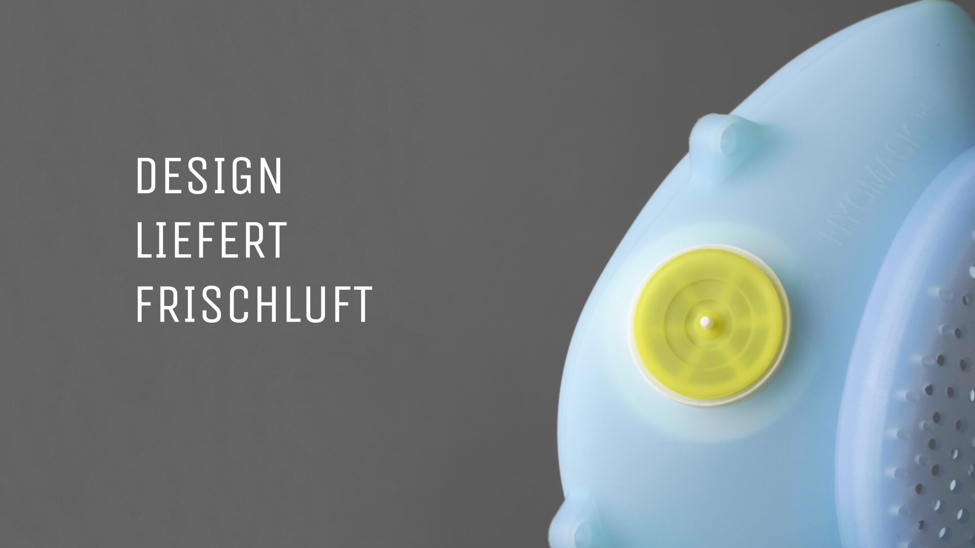 Ein blau-gelber Hygmask-Duschkopf mit der Aufschrift „Luftfrüsshut“.