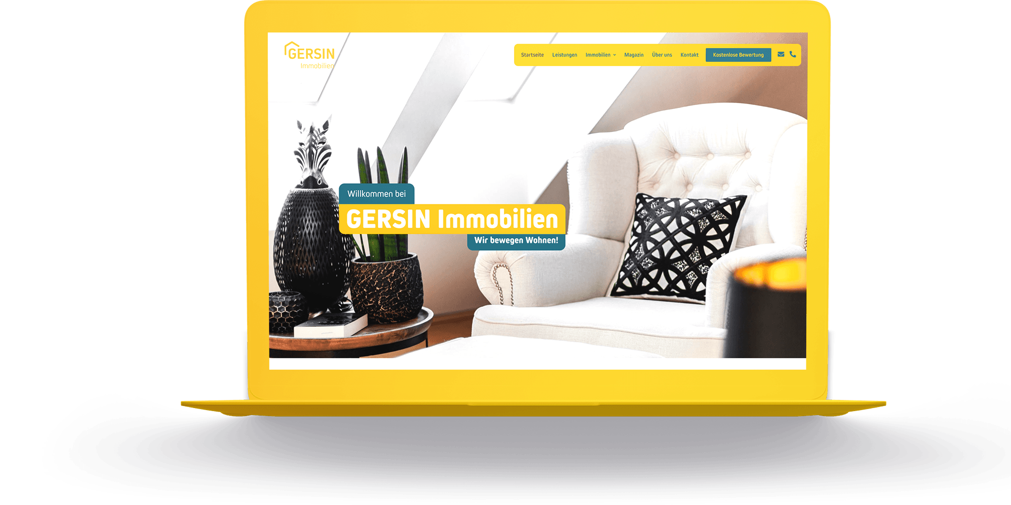 A laptop with furniture on a yellow background showcasing Gersin Real Estate.