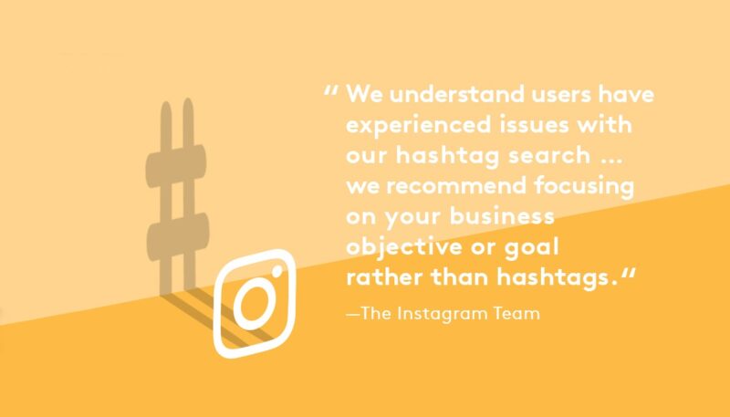 Das Instagram-Logo mit einem Zitat, das besagt, dass wir verstehen, dass Benutzer unsere Hashtag-Probleme erlebt haben.