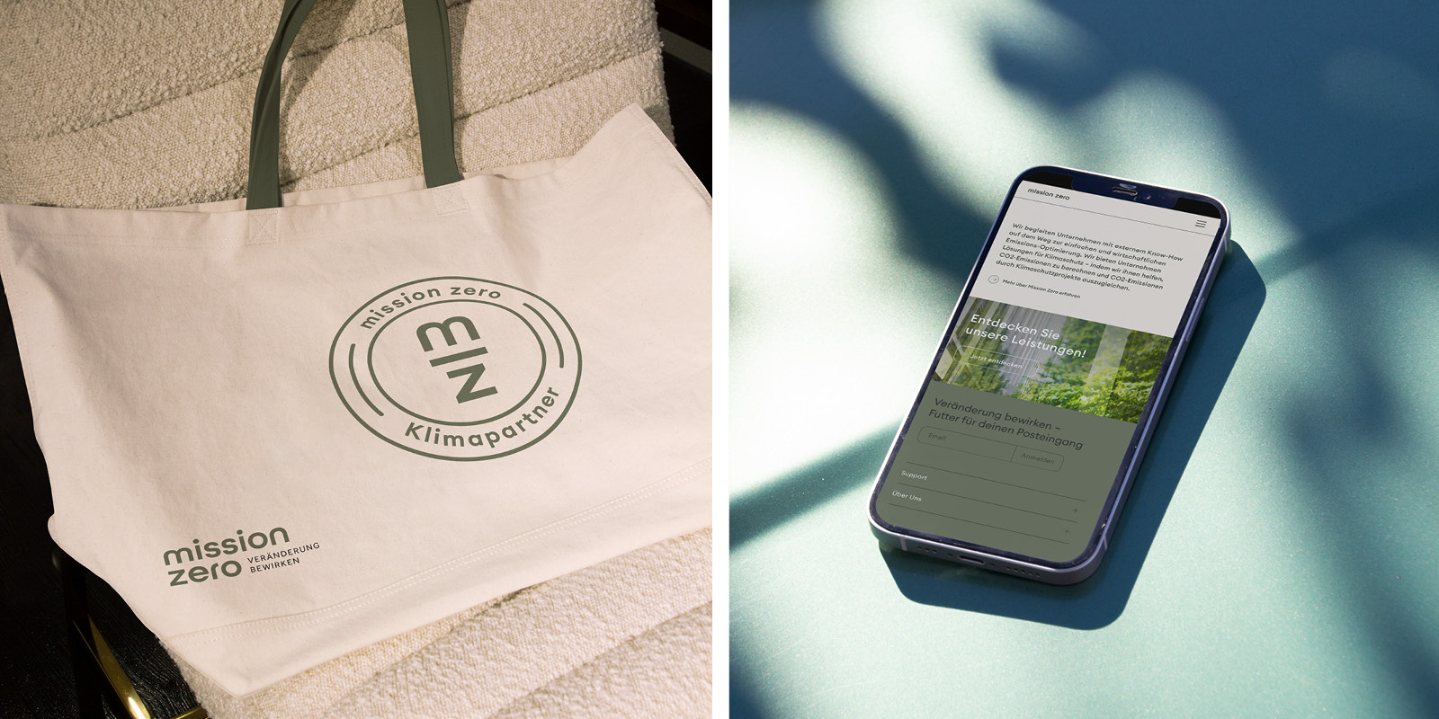 A white tote bag and a smartphone next to each other for Mission Zero.