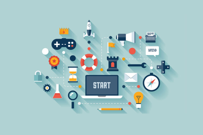 Eine flache Illustration des Wortes „Start“, umgeben von verschiedenen Symbolen für ein Online-Geschäft.