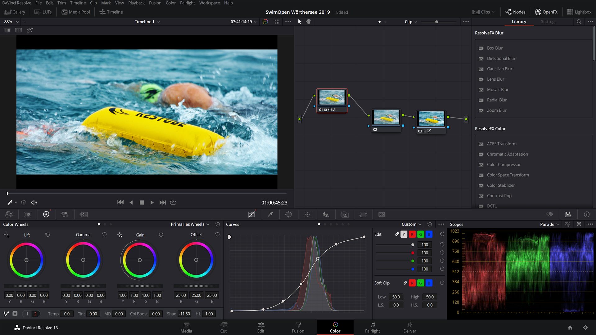 Ein Screenshot einer Videobearbeitungssoftware, die für die Austria Swim Open verwendet wird.