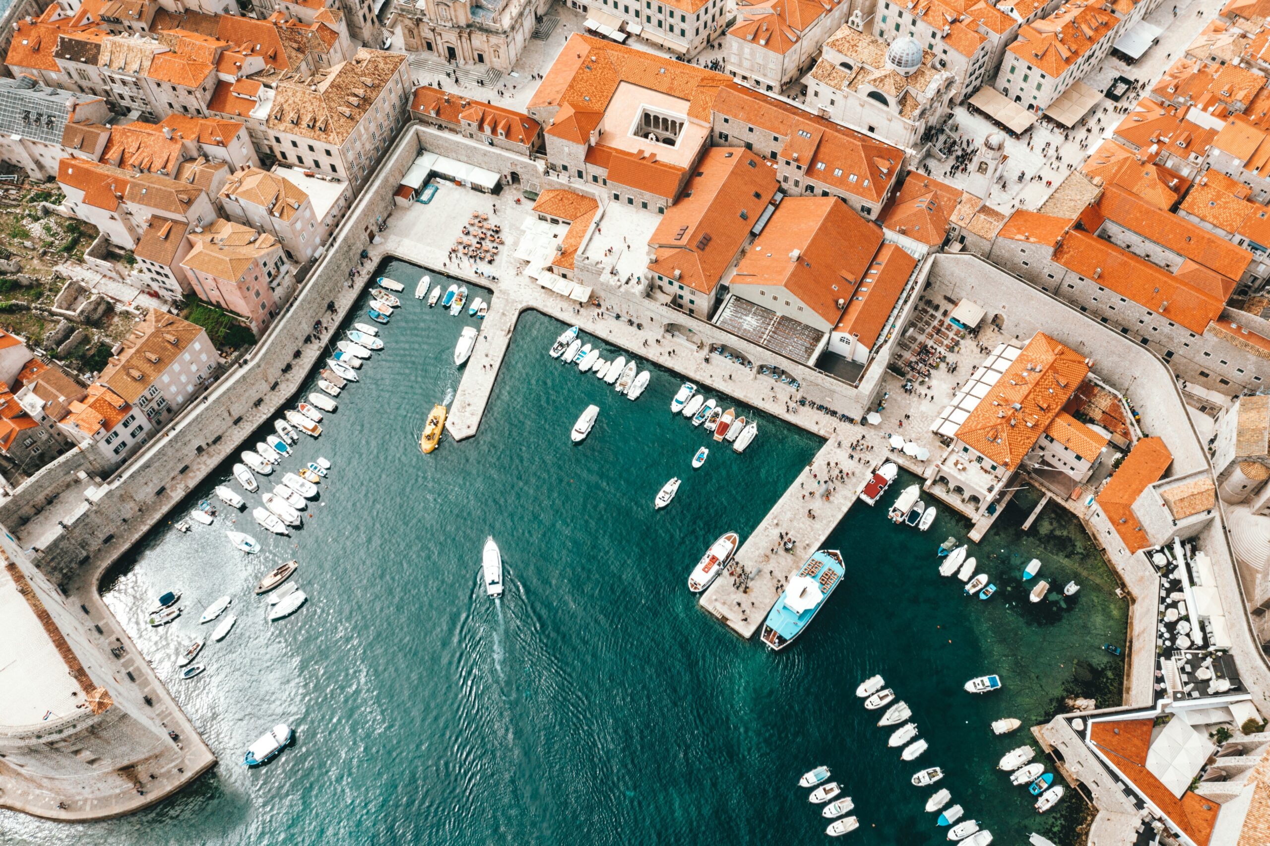 An aerial view of the old town of Dubrovnik, Croatia.
