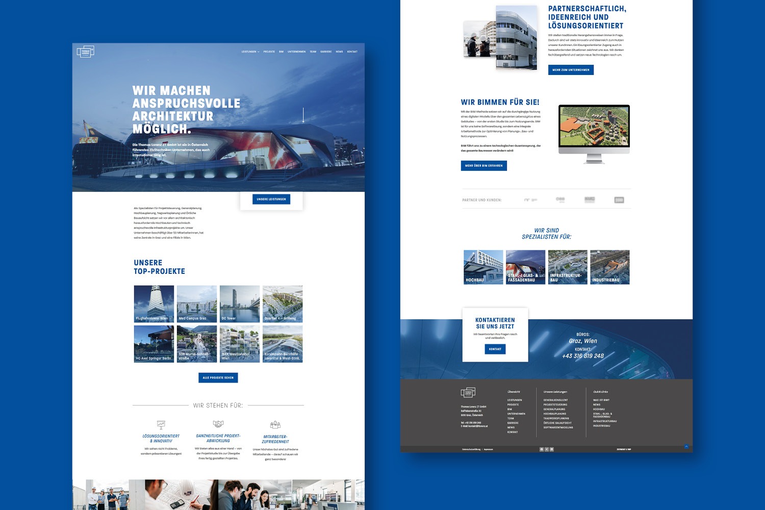 A website design for Thomas Lorenz ZT with a blue background.