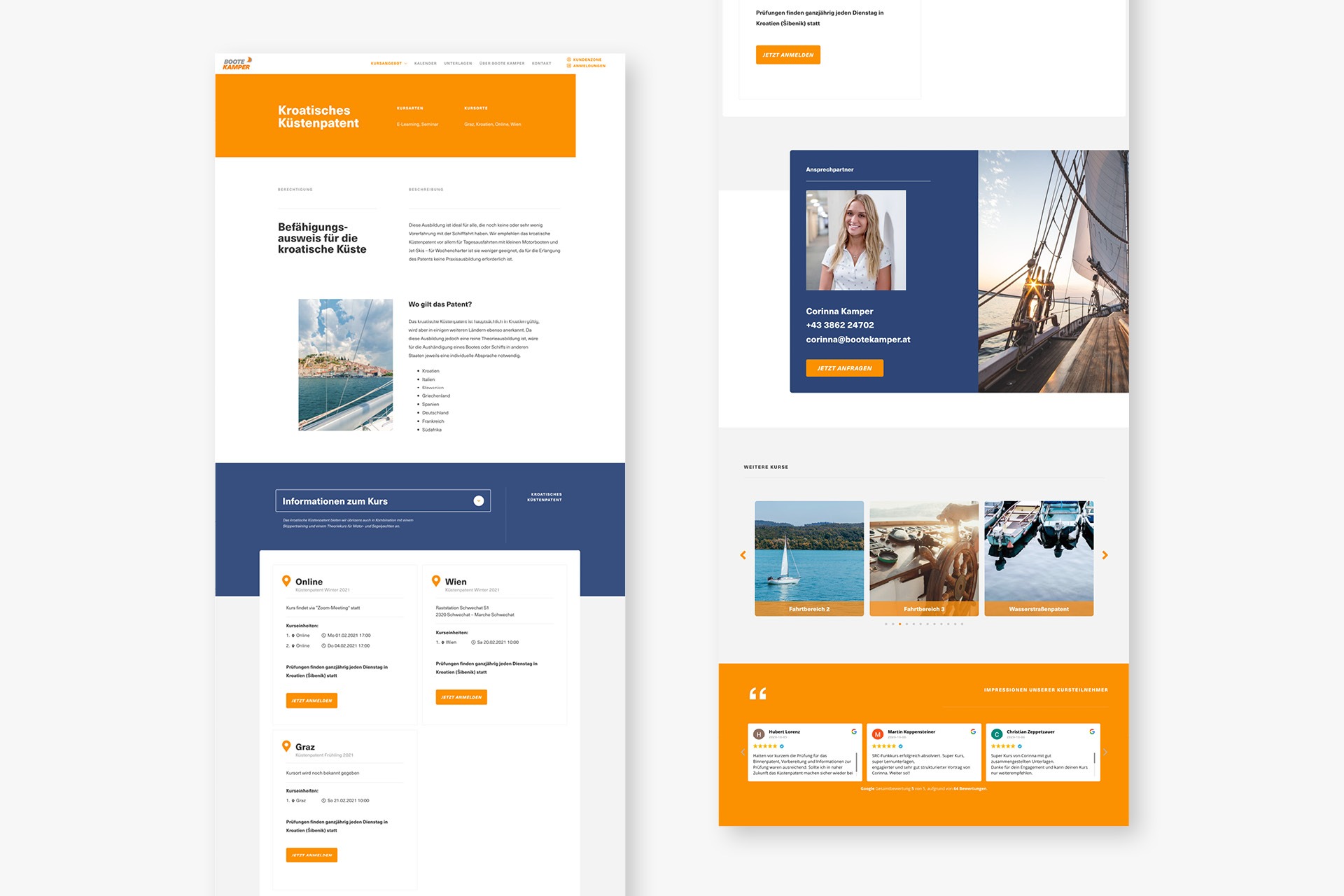 Ein Website-Design für ein Reisebüro, das auf Bootscamping spezialisiert ist.