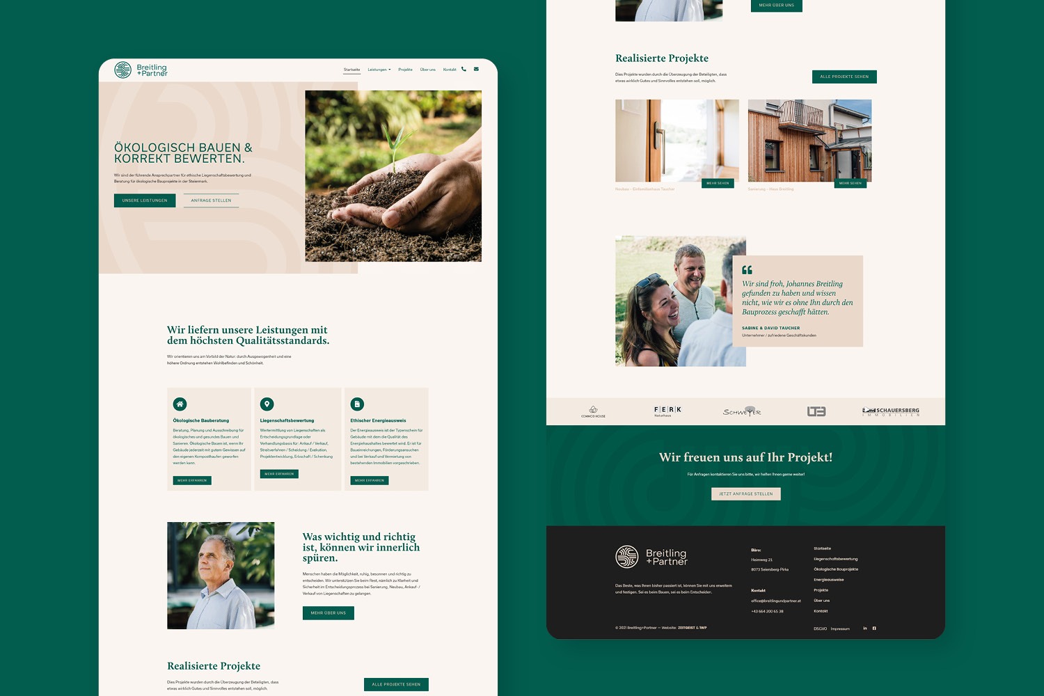 Ein Website-Design mit grünem Hintergrund und weißem Text für Breitling+Partner.