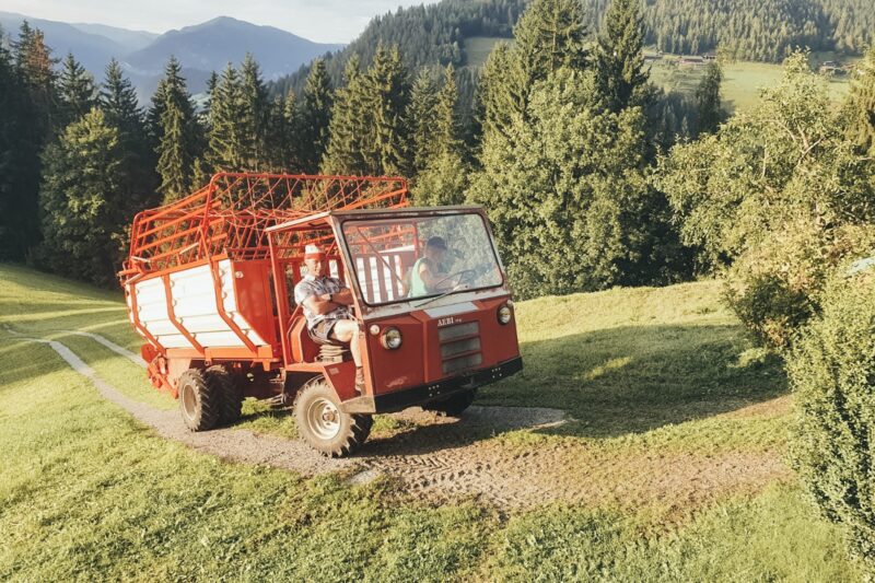 Ein Mann fährt einen roten LKW in Eggenhof.