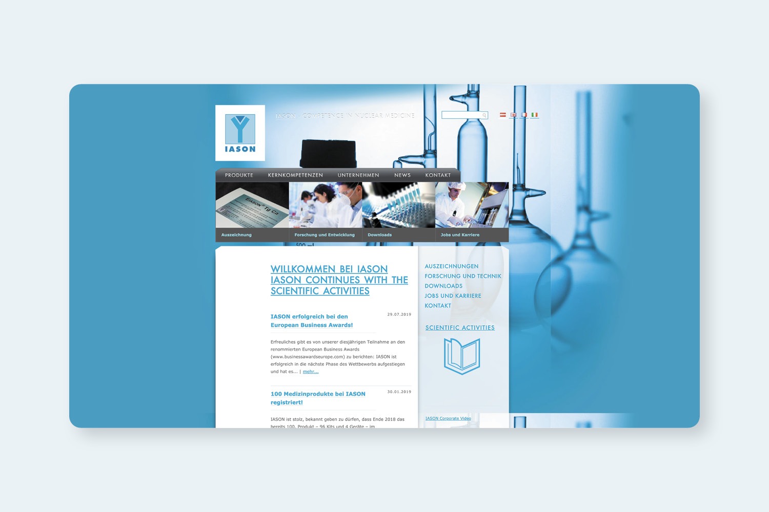 A website design featuring a blue background and an image of a lab.