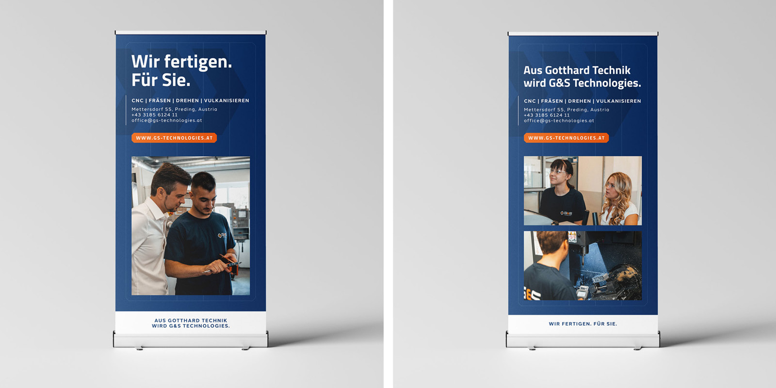 Two images of a roll up banner for a company.