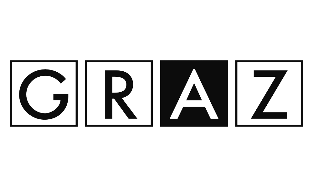 Ein schwarz-weißes Logo mit dem Wort „graz“, inspiriert von der Stadt Graz.