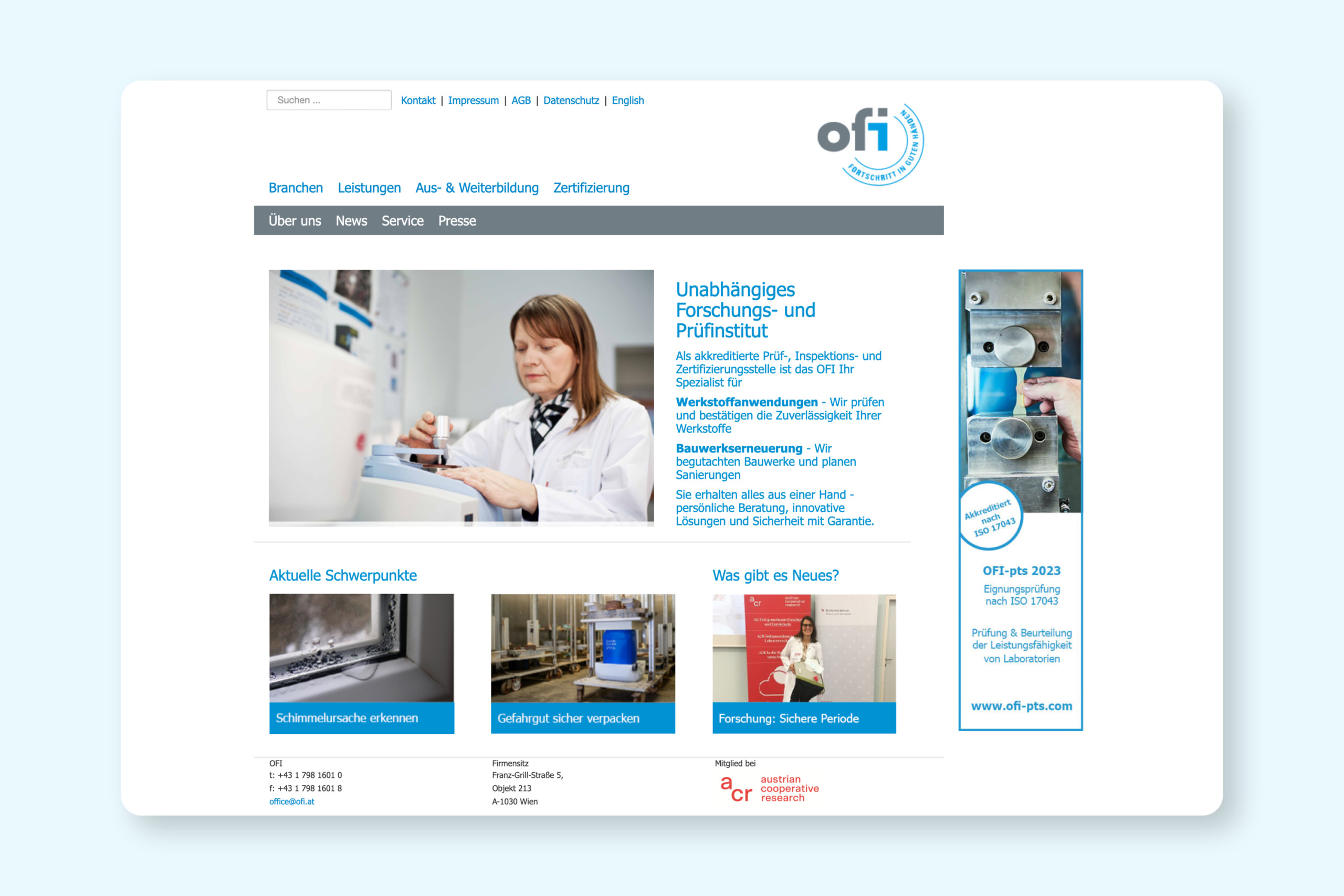 The OFI website homepage.