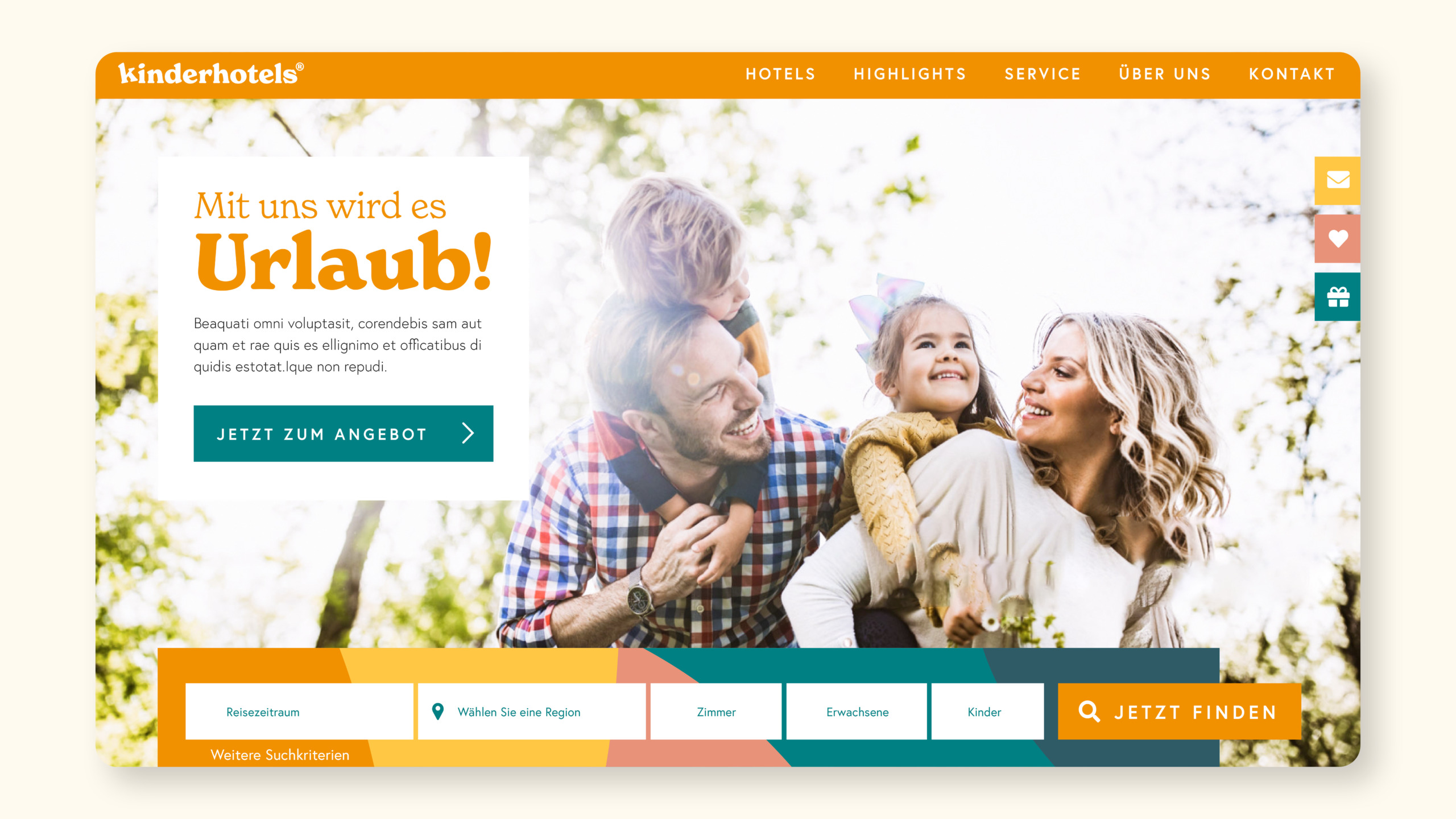 Die Startseite einer Familienurlaubs-Website mit Styleguide.
