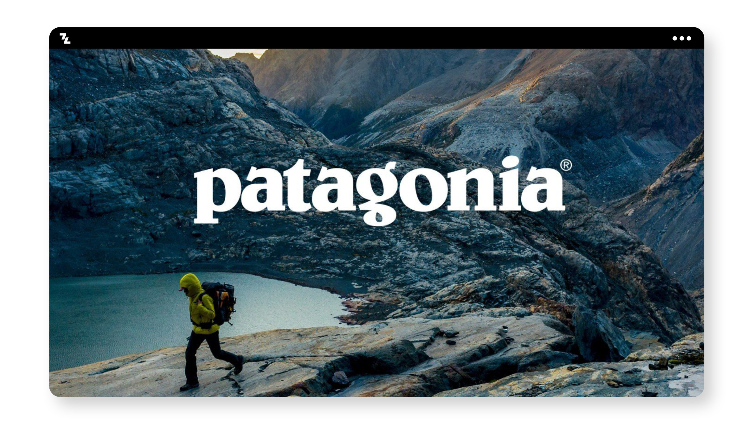 Die Patagonia-Website präsentiert nachhaltiges Branding auf einem Berg.