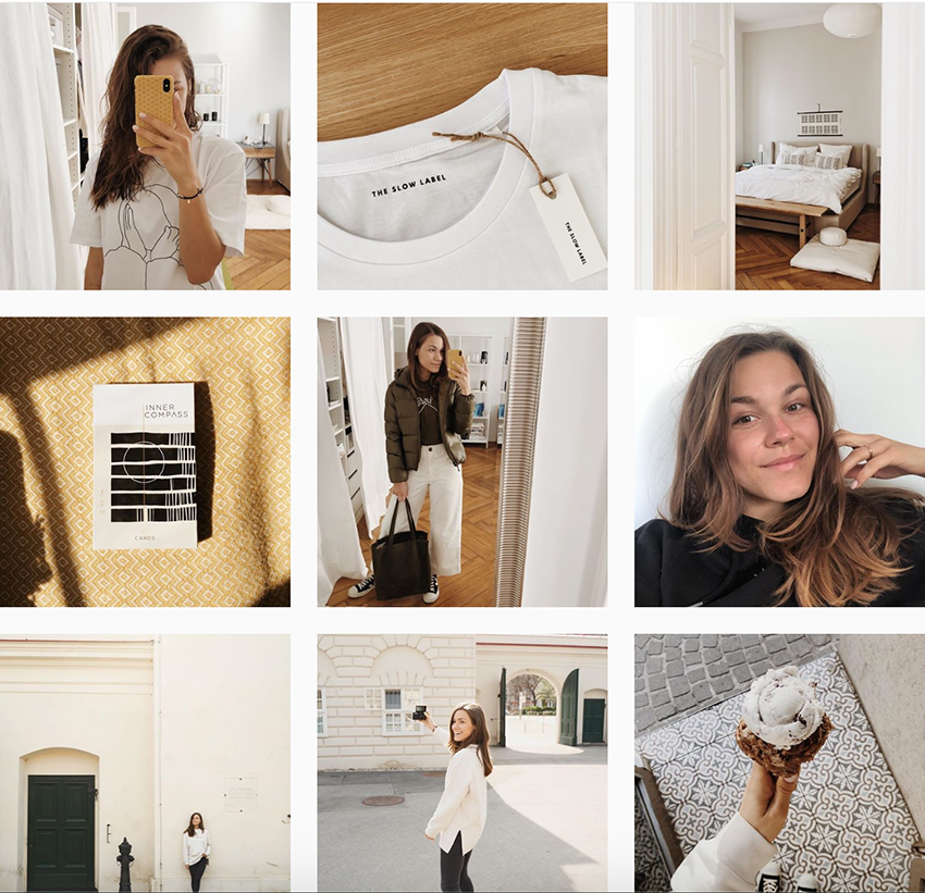 Ein kuratierter Instagram-Feed, der eine Frau in einem weißen T-Shirt mit Design-Inspirationen und -Ideen zeigt.