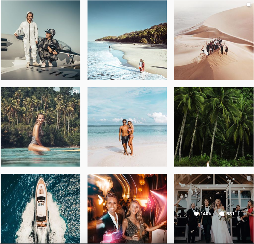 Eine Collage aus Designideen für Instagram-Feeds mit Menschen auf einem Boot und am Strand.
