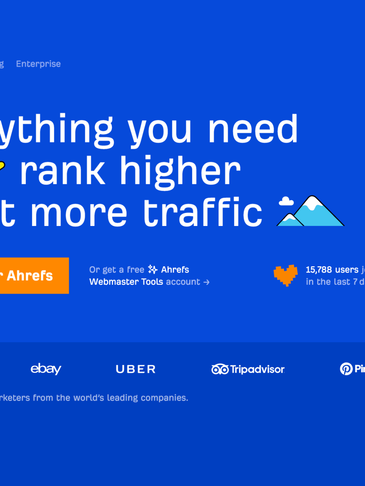 Eine blaue Seite mit den Worten „Alles, was Sie brauchen, um einen höheren Rang zu erreichen und mehr Traffic zu erzielen“ für eine SaaS-Branding-Agentur.