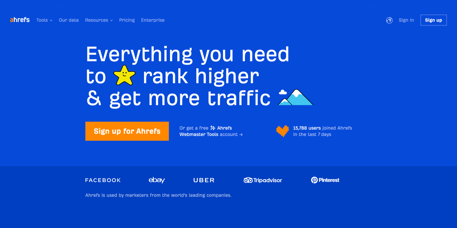 Eine blaue Seite mit den Worten „Alles, was Sie brauchen, um einen höheren Rang zu erreichen und mehr Traffic zu erzielen“ für eine SaaS-Branding-Agentur.