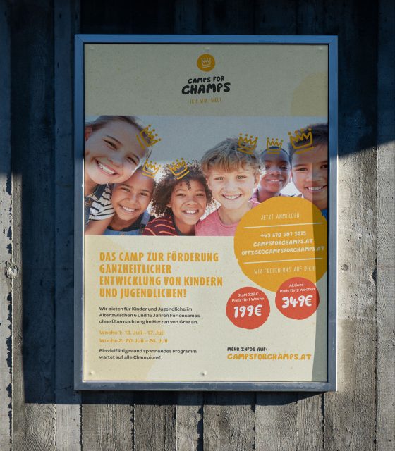 A poster for a children's camp featuring champs on a wooden wall.