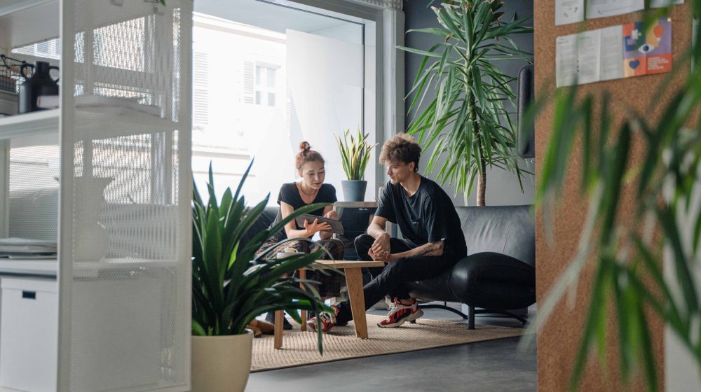 Two people sitting in an office with plants.