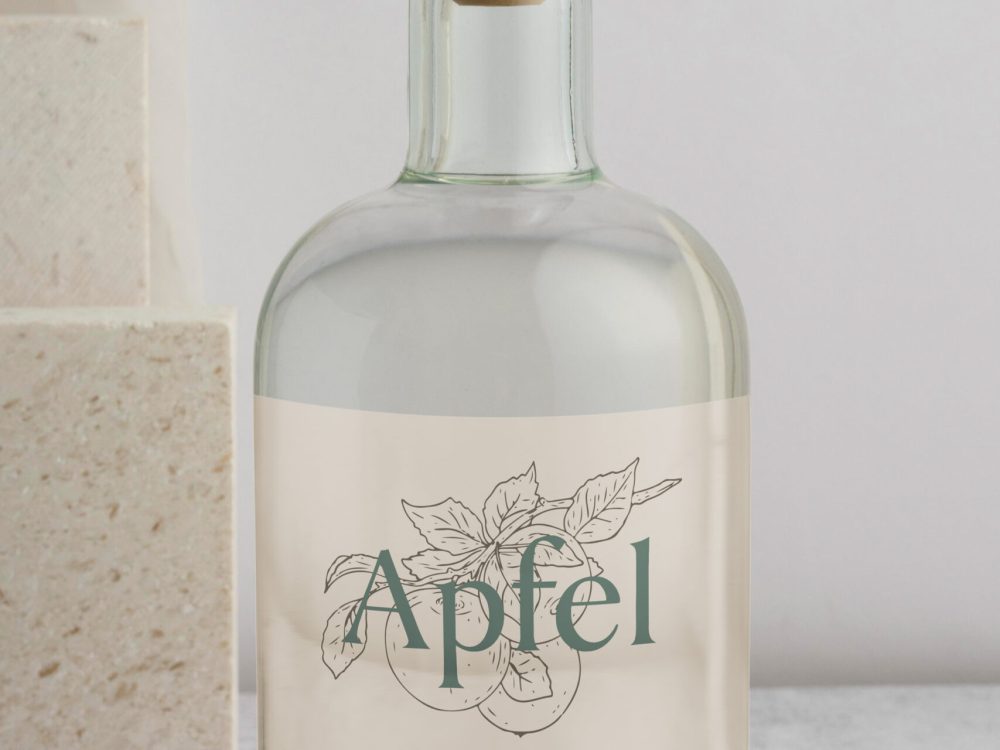 A bottle of water with the word apel on it.