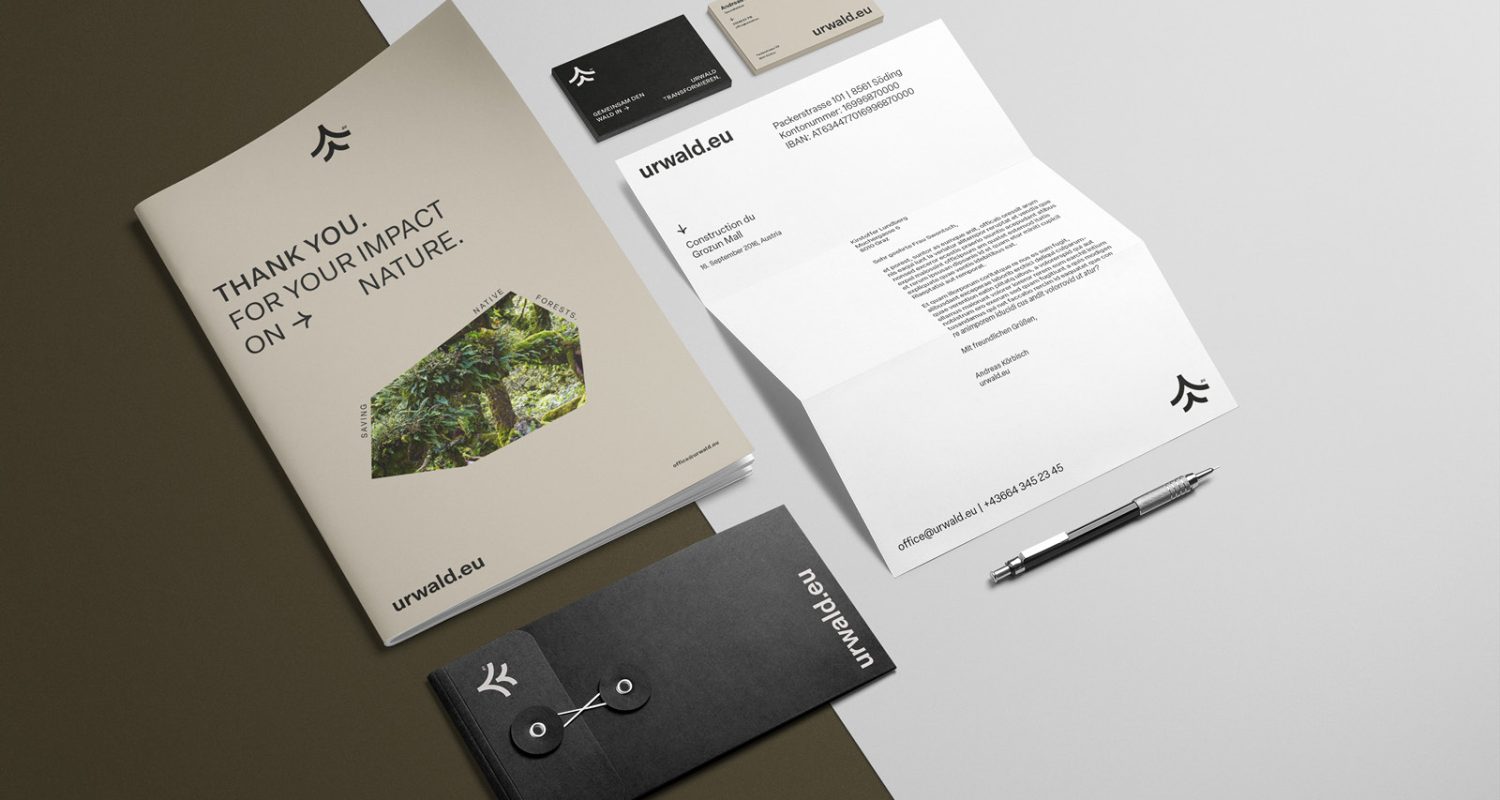 A business card and letterhead set on a white background with urwald.eu branding.